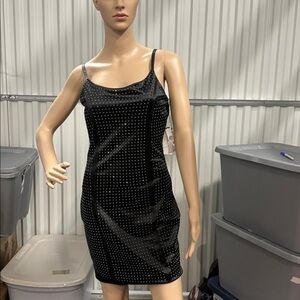 NWT IRIS Black sparkling spaghetti strap beaded mini dress